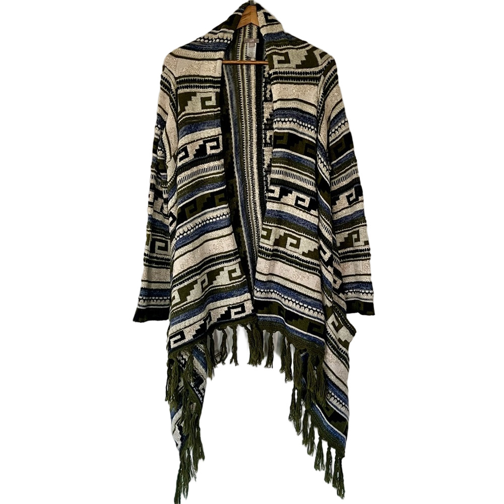 J. Jill Wool Blend Fringe Open Cardigan Sweater Boho Aztec Large - Picture 3 of 14